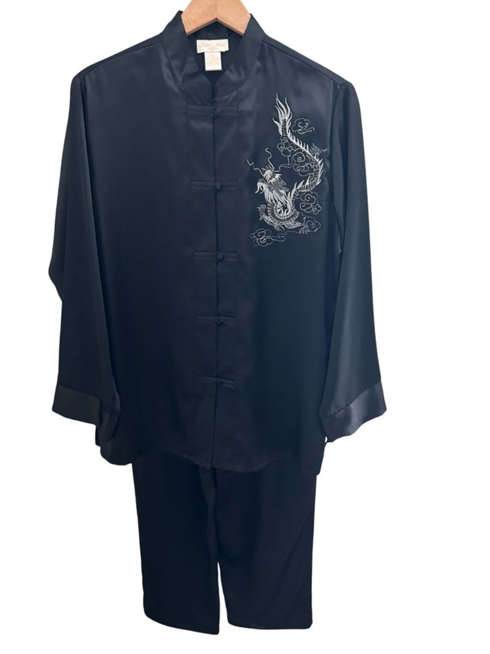 Inner Most Vintage Y2K Embroidered Dragon Lounge Set Black Satin Sz Medium NWT